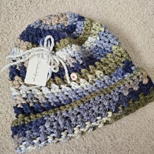 HANDMADE OOAK  Hat Toque Beanie  Crochet Beanie - Blue, Olive & Cream